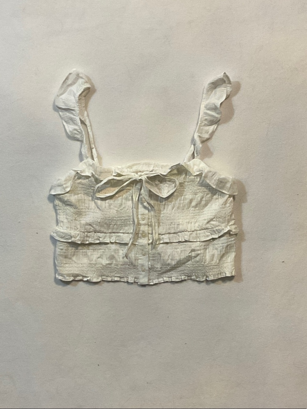 American Eagle Cream Smocked Tie-Front Crop Top